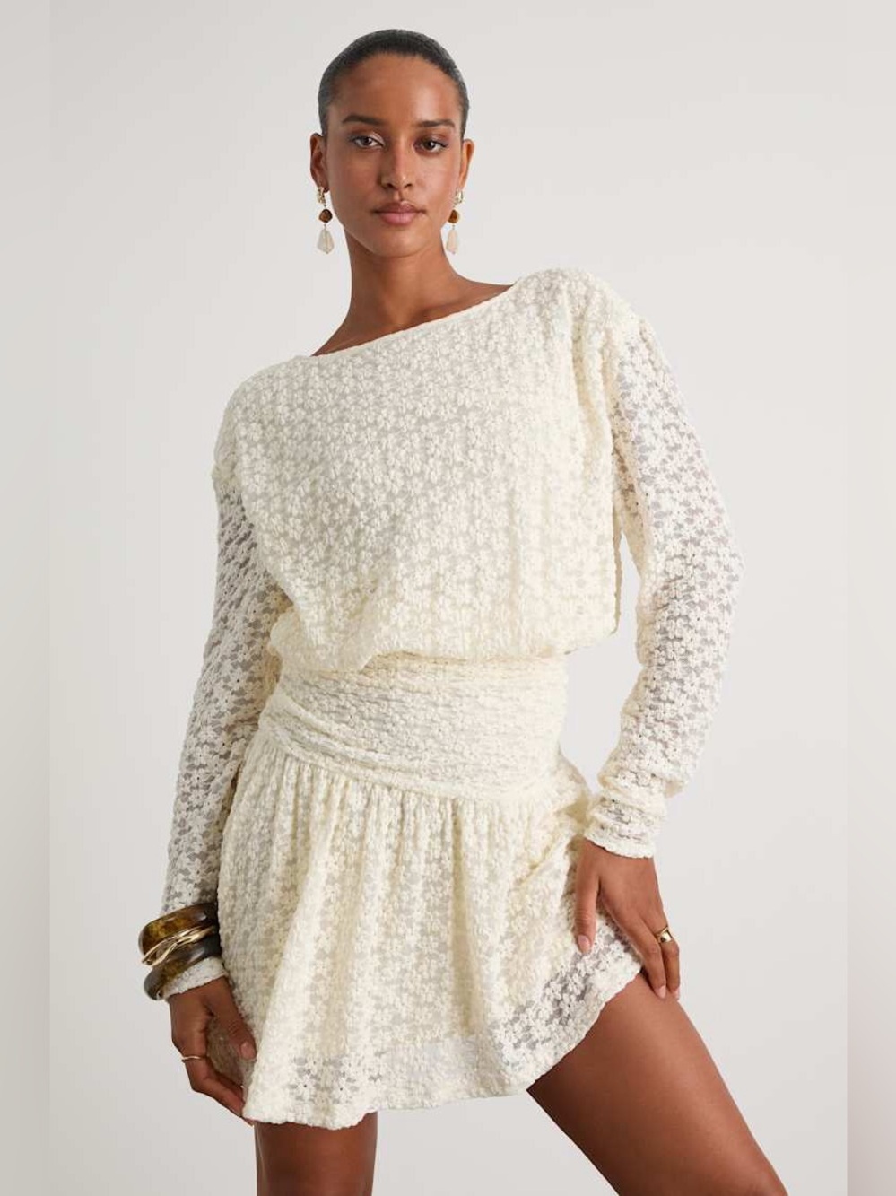 Lulus Zallie Ivory Textured Knit Ruched Long Sleeve Mini Dress Size S NWT